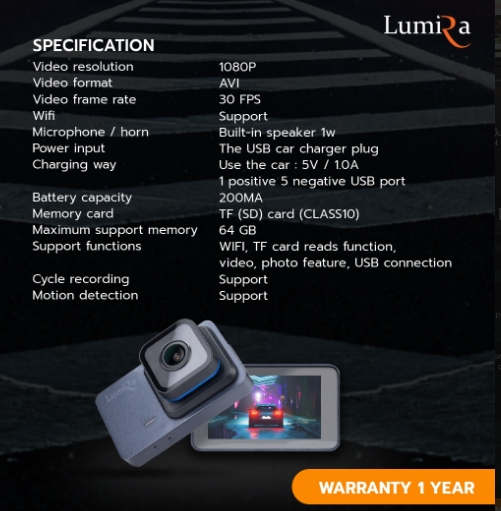 LUMIRA กล้องติดรถยนต์เชื่อมต่อWifi มือถือได้