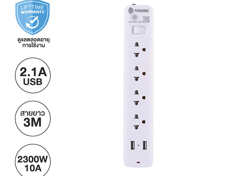 TOSHINO SO-43USB ปลั๊กจ่ายไฟ 4เต้าเสียบ 1สวิทซ์ 2USB สายยาว 3เมตร