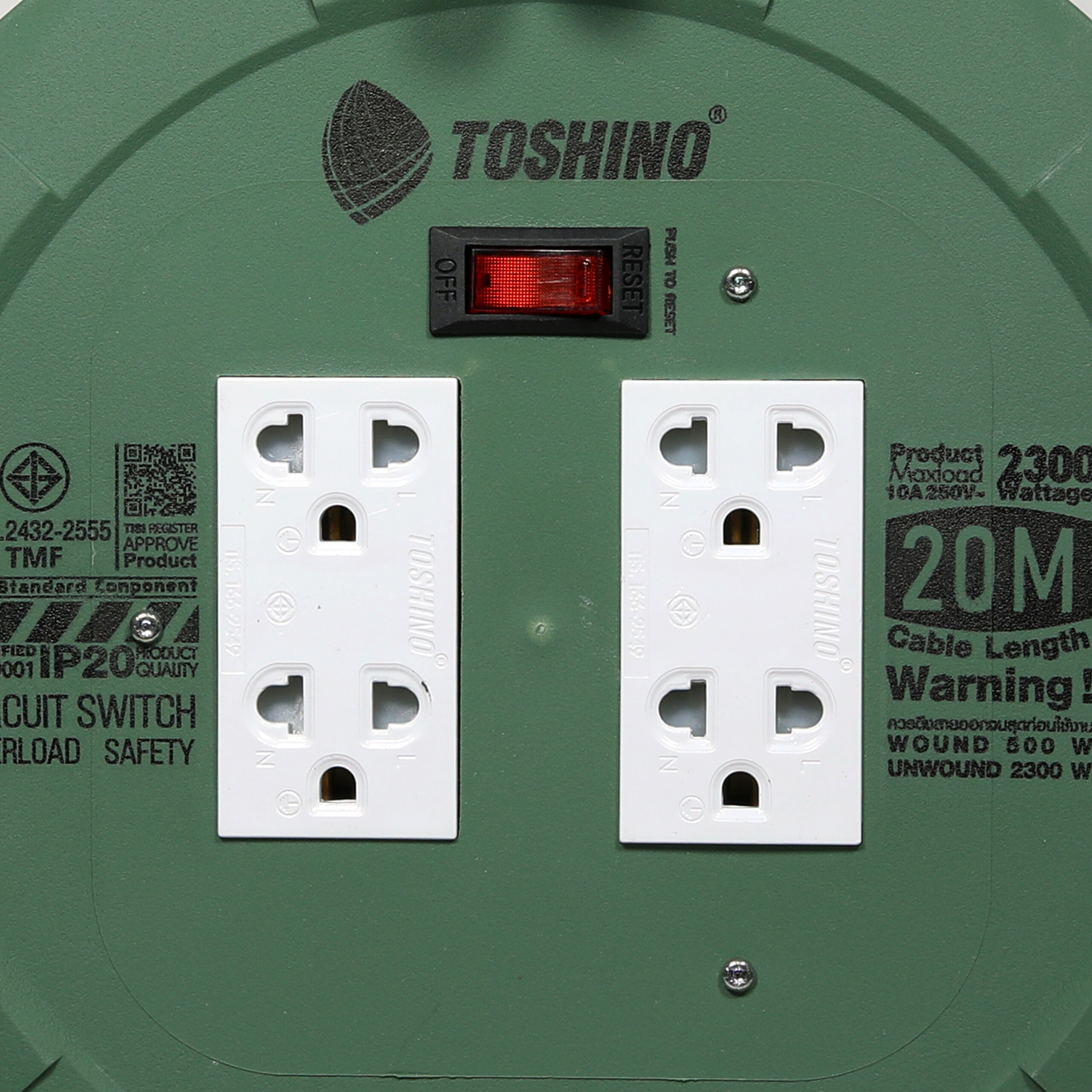 TOSHINO ปลั๊กไฟแบบล้อ ปลั๊กพ่วงสายยาว 20เมตร 10A/2300W