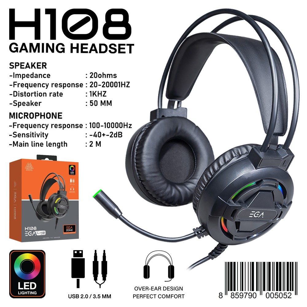 EGA รุ่น H108 หูฟังเกมมิ่ง ไฟ LED สีสันสวยงามแจ๊คเสียบ AUX3.5mm/USB