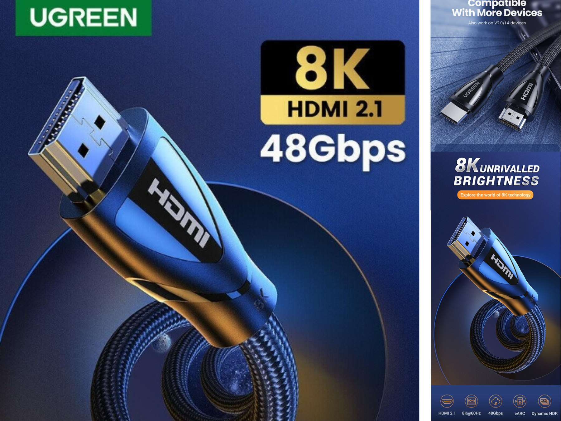 UGREEN HD104 CABLE HDMI V2.1 8K สายไนล่อน ยาว 2.0เมตร