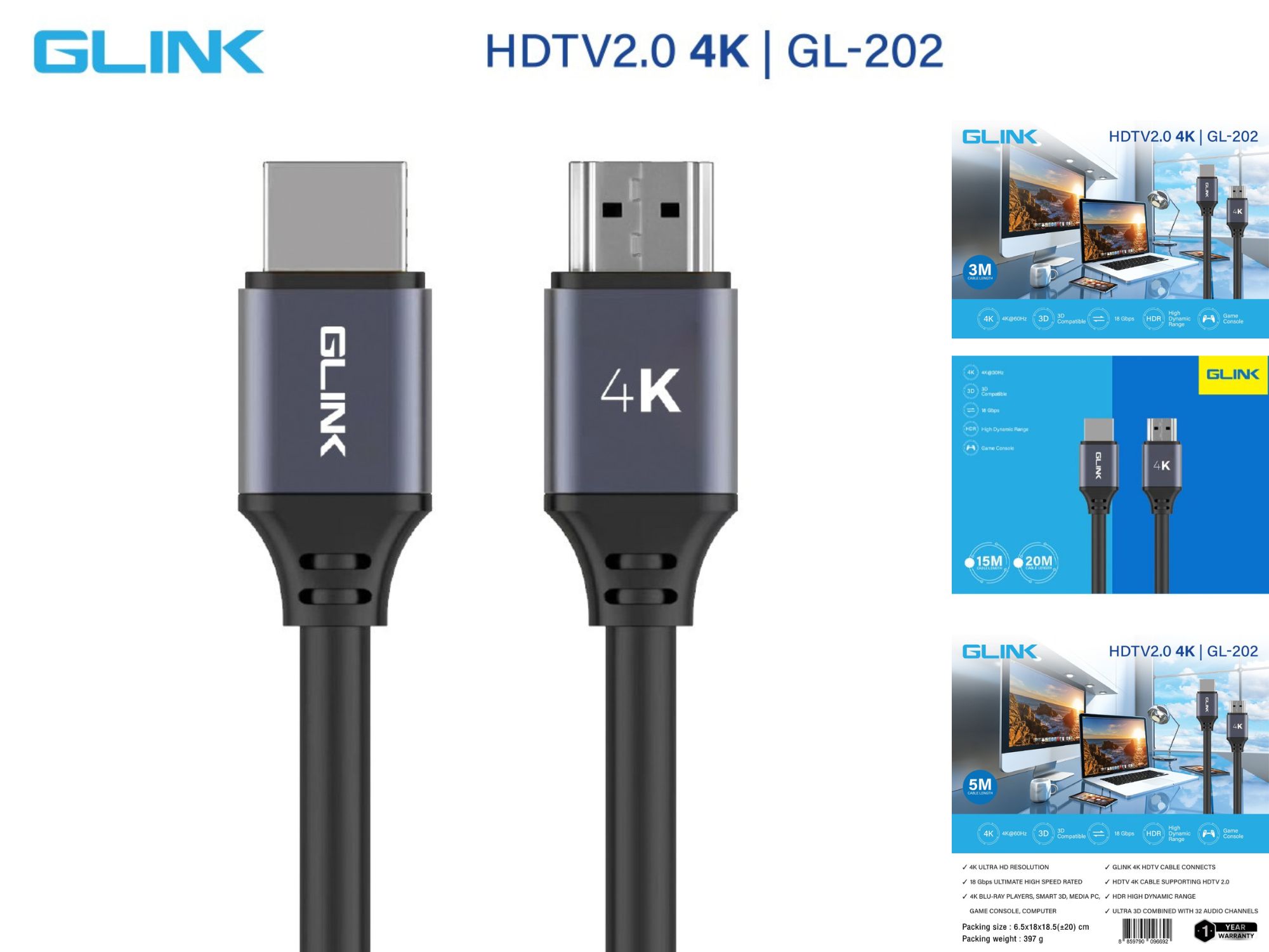 GLINK GL-202 HDMI V2.0 4K@60Hz. 18Gbps สายยางสีดำ 1.5เมตร