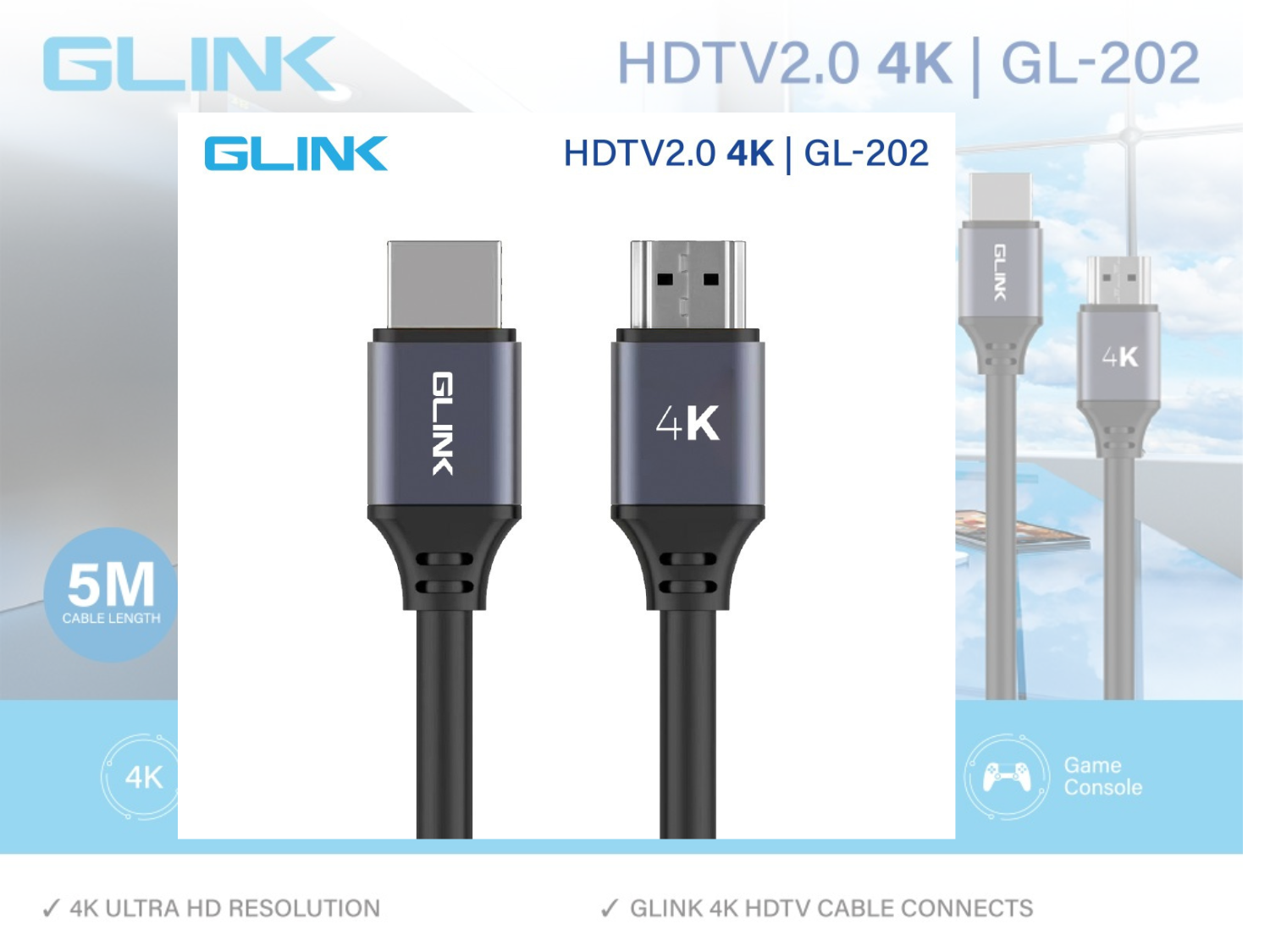 GLINK GL-202 HDMI V2.0 4K@60Hz. 18Gbps สายยางสีดำ 5.0เมตร