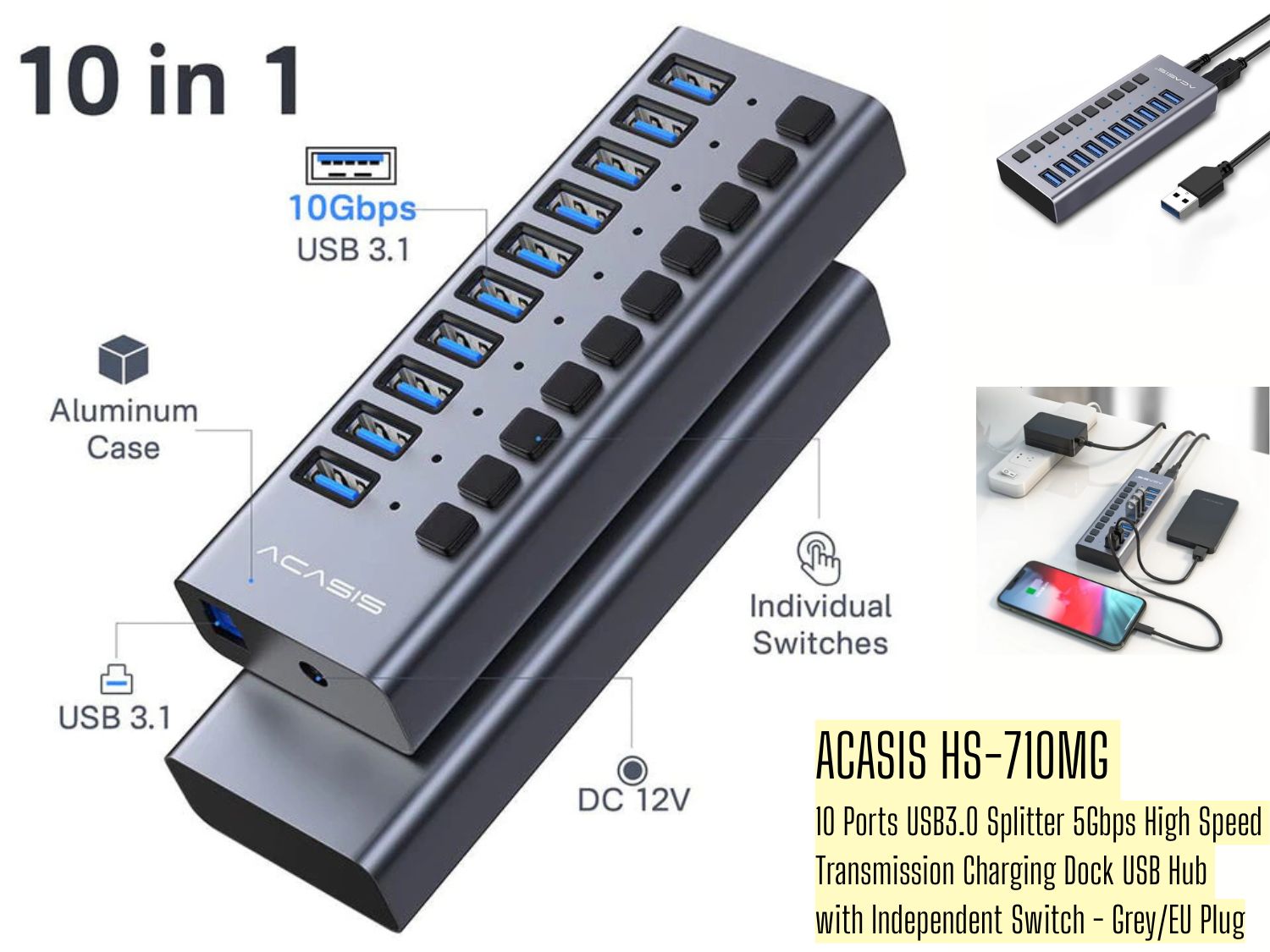 ACASIS 10-Port USB 3.0 Hub Splitter Docking Station with 5Gbps High-Speed Data Transfer