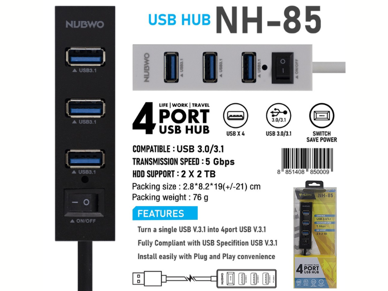 NUBWO NH85 USB3.0/USB3.0 HUB 4port 5Gbps.