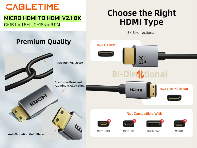 CableTime 8K@60Hz Micro HDMI ไปยัง HDMI Cable Bi-Direction 1.5M CableTime 8K@60Hz Micro HDMI ไปยัง HDMI Cable Bi-Direction 1.5M