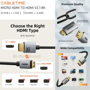CableTime 8K@60Hz Micro HDMI ไปยัง HDMI Cable Bi-Direction 1.5M CableTime 8K@60Hz Micro HDMI ไปยัง HDMI Cable Bi-Direction 1.5M