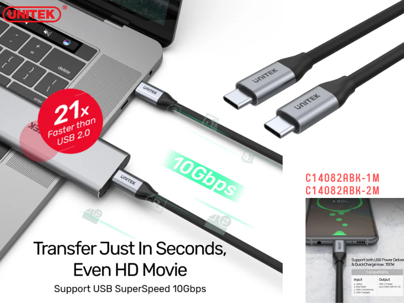 UNITEK USB-C 100W PD Fast Charging Cable with 4K@60Hz 1.0M