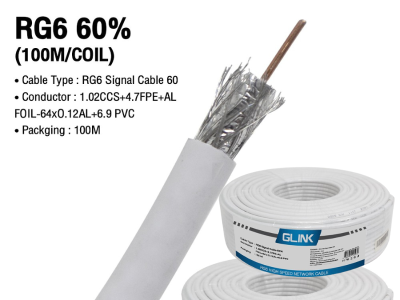 GLINK RG 6 Coaxial 60% (100M/COIL) White ชิลด์ 60% 100 เมตร สีขาว