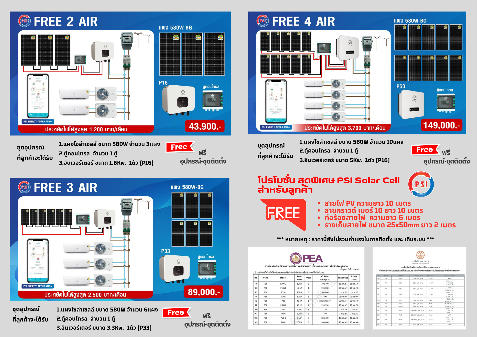PSI ชุดอุปกรณ์ติดตั้ง แอร์โซล่าเซลล์ ขนาด 580 วัตต์ 6 แผง PSI ชุดอุปกรณ์ติดตั้ง แอร์โซล่าเซลล์ ขนาด 580 วัตต์ 6 แผง