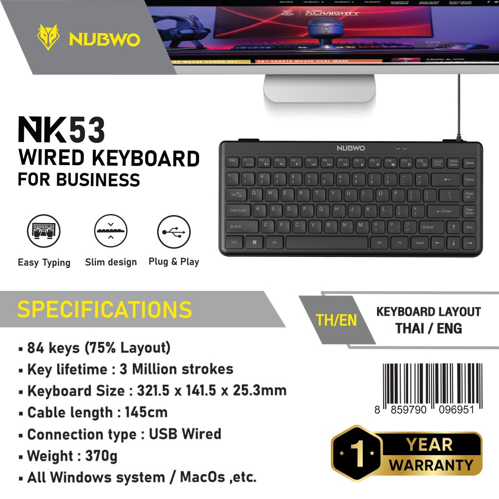 NUBWO NK53 USB KEYBOARD 84 keys แป้นพิมพ์ไทย-อังกฤษ