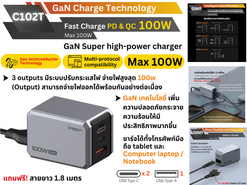 ORSEN by eloop Adapter GaN Super Fast Charge PD QC 100W รุ่น C102T