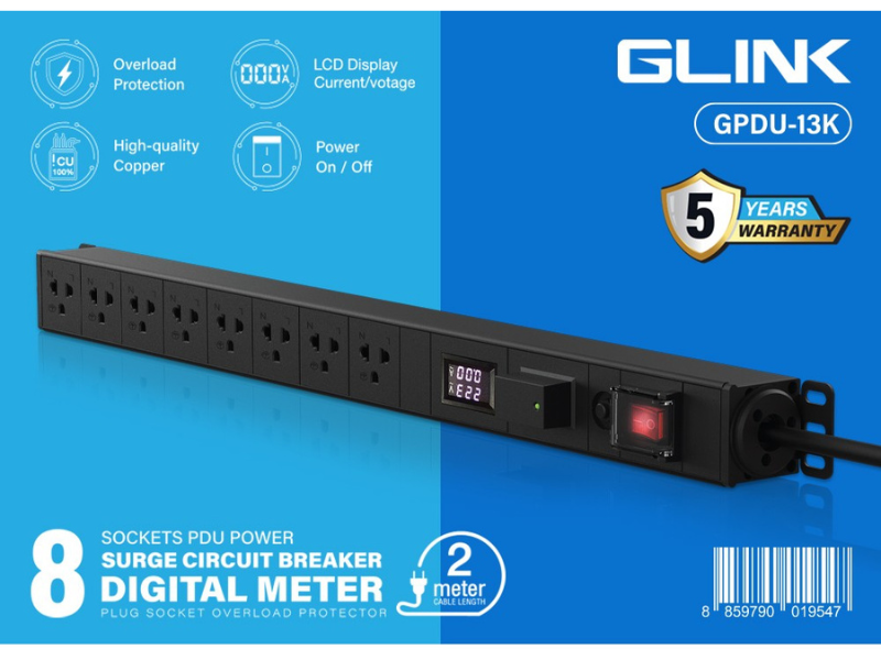 GLINK GPDU-13K ปลั๊กไฟ 8 ช่อง สายยาว 2เมตร มีจอ LCD+overload+Surge 10A
