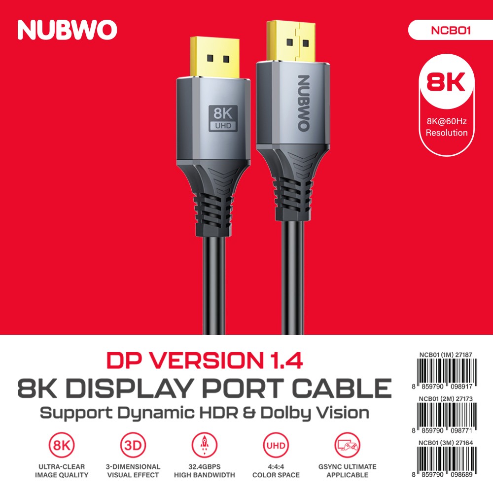 NUBWO Model NCB01 DISPLAY PORT V1.4 CABLE 8K@60Hz. สายยาว 3 เมตร NUBWO Model NCB01 DISPLAY PORT V1.4 CABLE 8K@60Hz. สายยาว 3 เมตร