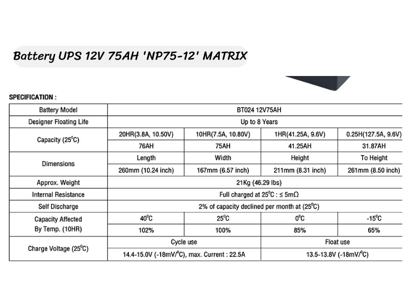 MATRIX Battery UPS 12V 75AH 'NP75-12' MATRIX Battery UPS 12V 75AH 'NP75-12'