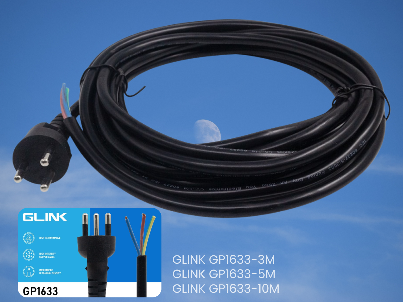 GLINK สายไฟ DIY AC POWER CORD WITH 3 PIN TIS PLUG 10.0M
