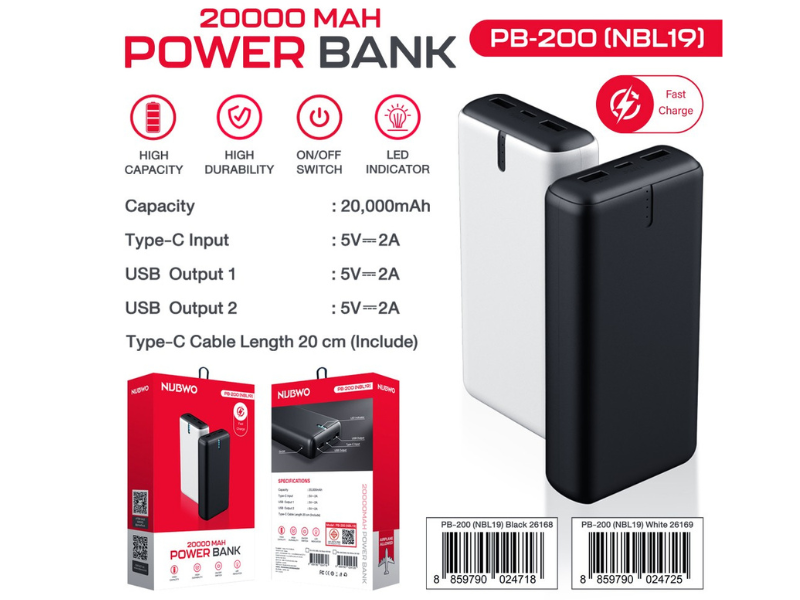 NUBWO POWER BANK 20000 MAH fart charge สีดำ สีขาว