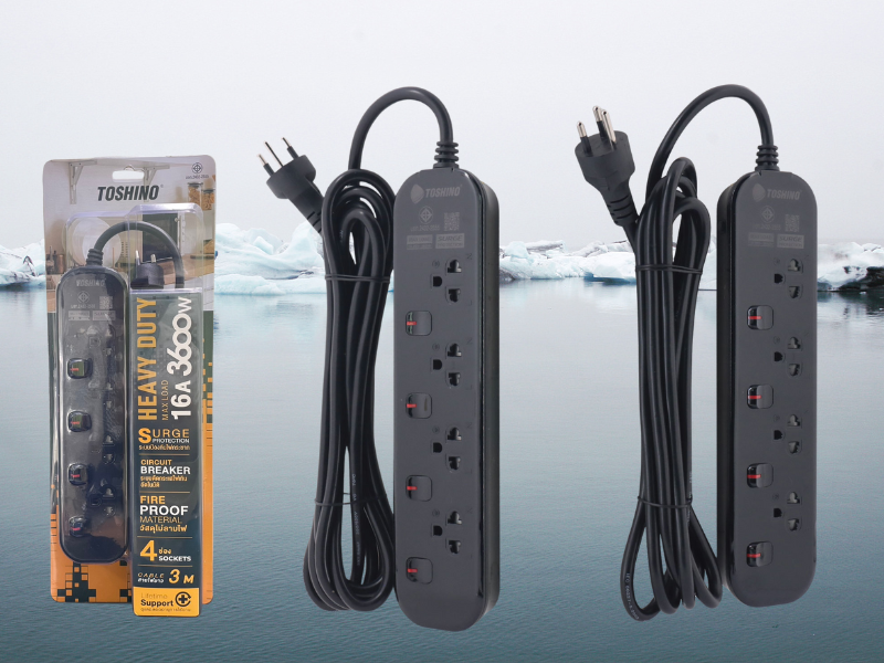 TOSHINO รุ่น JT4-MBK-5M  รางปลั๊กไฟยี่ห้อโตชิโน 4ช่อง 4สวิทซ์ สายยาว 5เมตร 16A 3600W