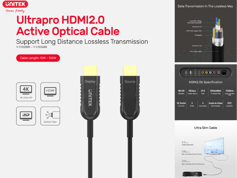 UNITEK HDMI V2.0 FIBER OPTIC CABLE 4K@60Hz. 20.0M