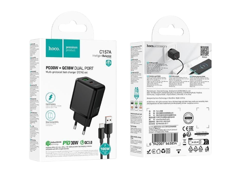 HOCO ชุดชาร์จมือถือ PD30W + QC18W + สายชาร์จ USB-C 1เมตร