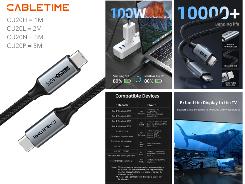 CABLETIME สายเคเบิล USB Type C สายชาร์จเร็ว ถ่ายโอนข้อมูล ต่อจอภาพได้ ยาว 1เมตร