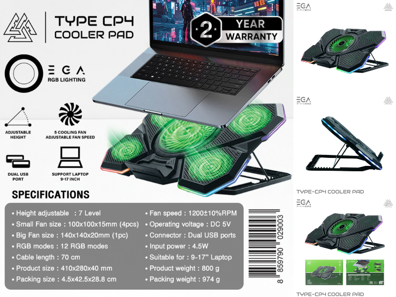 EGA พัดลมรองระบายความร้อนโน๊ตบุ๊ค ไฟ RGB พัดลม 5 ตัวปรับระดับได้ ขนาด 9-17 นิ้ว