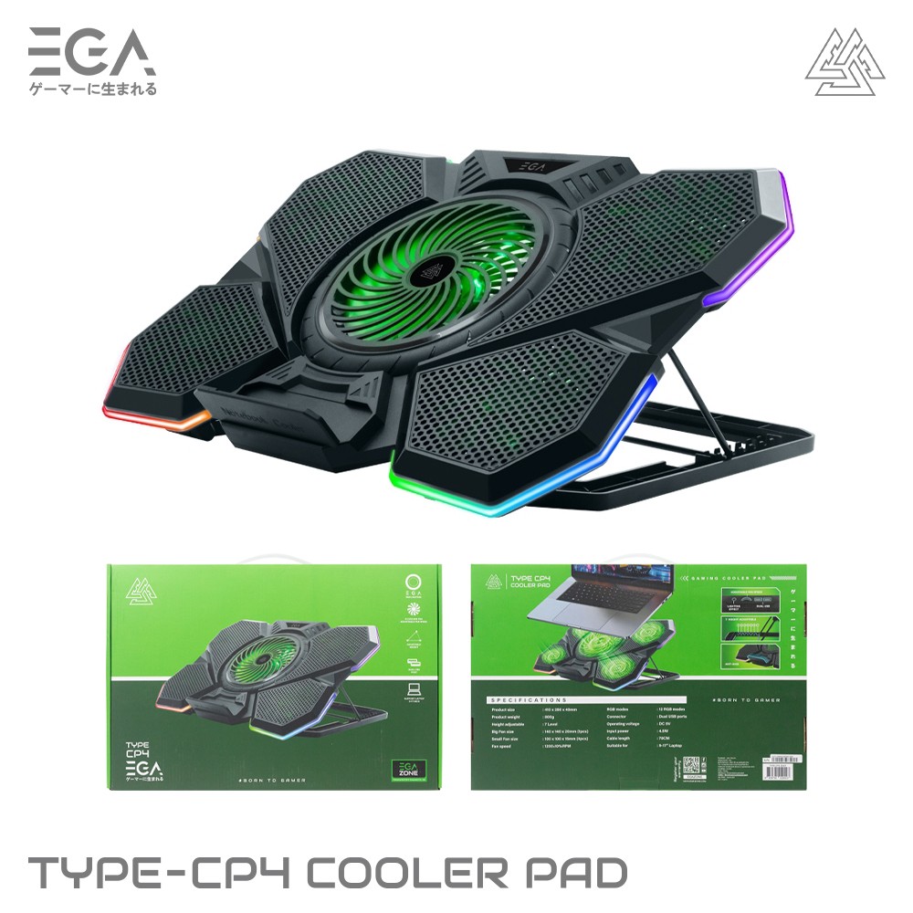 EGA พัดลมรองระบายความร้อนโน๊ตบุ๊ค ไฟ RGB พัดลม 5 ตัวปรับระดับได้ ขนาด 9-17 นิ้ว