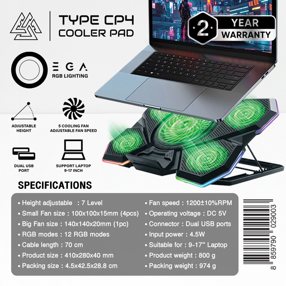 EGA พัดลมรองระบายความร้อนโน๊ตบุ๊ค ไฟ RGB พัดลม 5 ตัวปรับระดับได้ ขนาด 9-17 นิ้ว