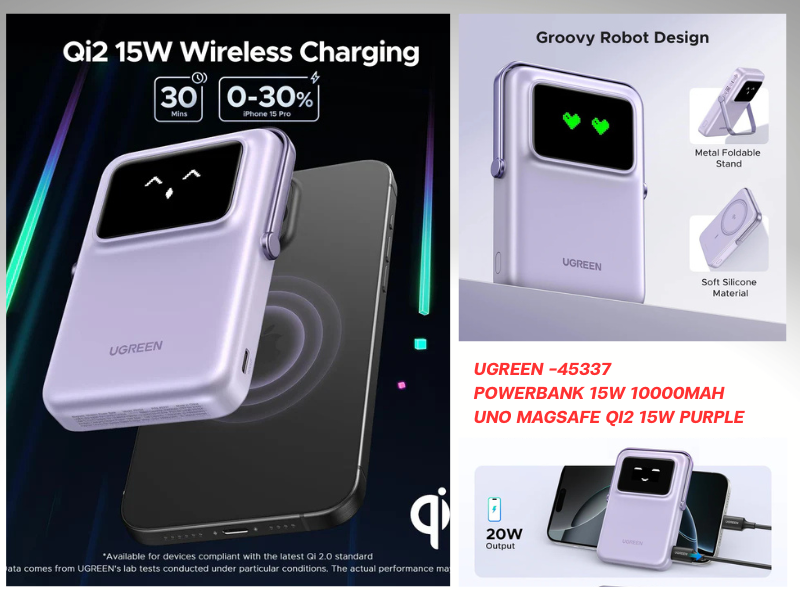 UGREEN Magnetic Wireless Power Bank 10000mAh สีม่วง