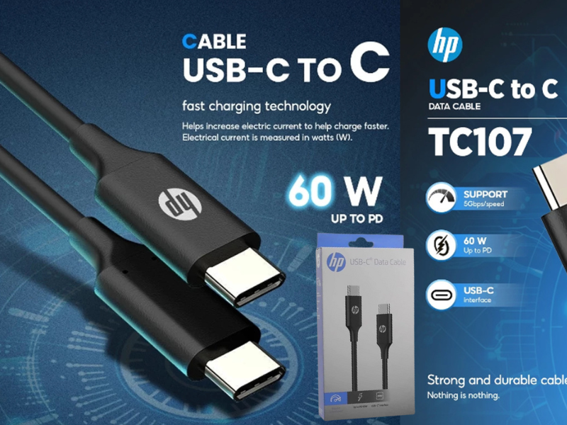 HP สายเคเบิล USB TYPE-C  1.0M รุ่น TC107 PD Fast Charging สูงสุด 60W (20V/3A)