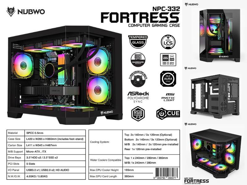 NUBWO FORTRESS เคสคอมพิวเตอร์ PC mATX CASE NPC-332 3FANs RGB