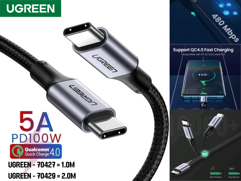 UGREEN สายถักชาร์จ USB-C to USB-C จ่ายไฟ 100W Fast Charger Cable 2.0M