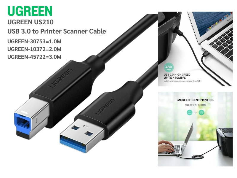 UGREEN รุ่น US210 USB 3.0 Printer Cable สายยาว 1เมตร 5Gbps