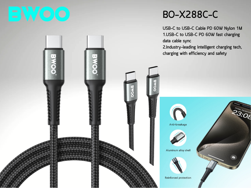 BWOO สายชาร์จมือถือ USB-C TO USB-C PD 60W Nylon 3.0M