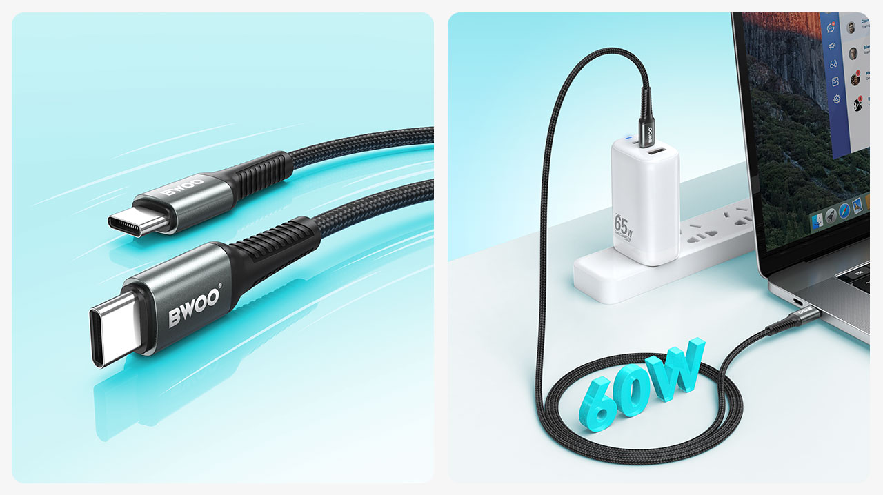 BWOO สายชาร์จมือถือ USB-C TO USB-C PD 60W Nylon 3.0M