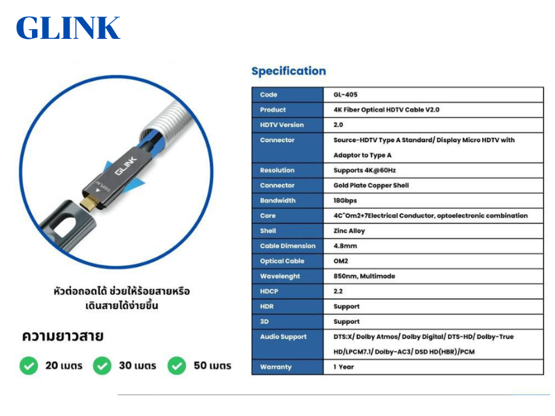 GLINK HDMI FIBER OPTIC 4K (18Gbps) หัวต่อถอดออกได้ เป็น Micro HDMI 30.0M