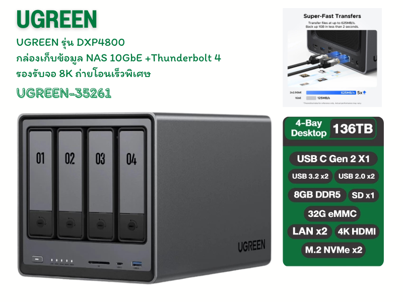 UGREEN กล่องเก็บข้อมูล NAS 10GbE + Thunderbolt 4 ถ่ายโอนข้อมูลเร็ว