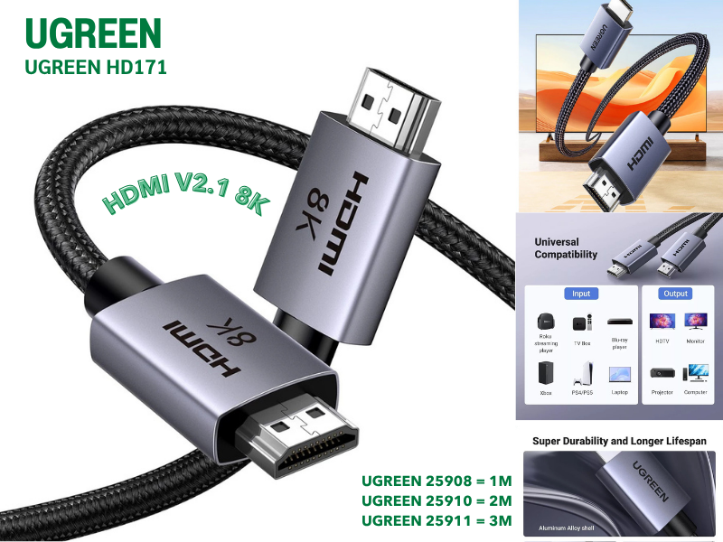 UGREEN HD171 HDMI CABLE V2.1 8K@60Hz. สายยาว 1.0เมตร