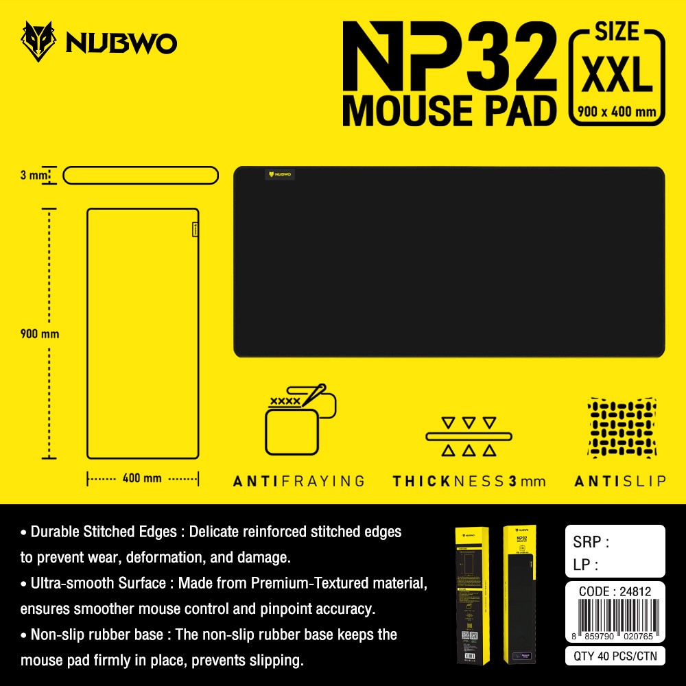 NUBWO แผ่นรองเมาส์กันน้ำพื้นผิวเรียบลื่นไซด์XXL 400x900mm.