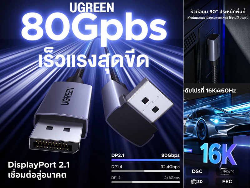 DisplayPort 16K Cable DP2.1 80Gbps หัวงอ 90 องศา สายยาว 3เมตร
