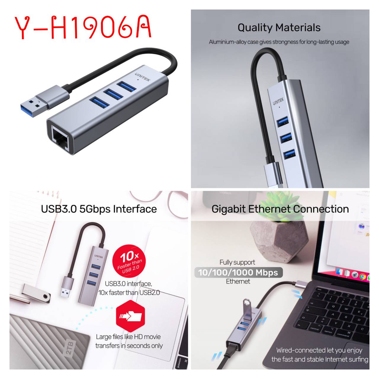 UNITEK USB3.0 Hub + Lan 10/100/1000Mbps.