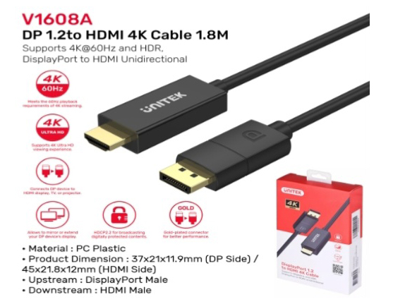 UNITEK CABLE DISPLAY TO HDMI 4K@60Hz.