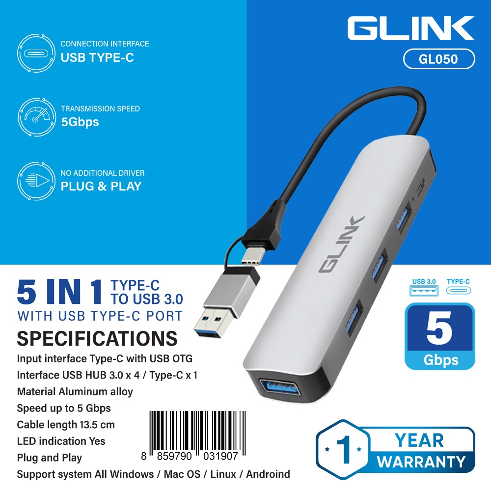 GLINK USB TYPE-C/USB3.0 HUB 4port+PD