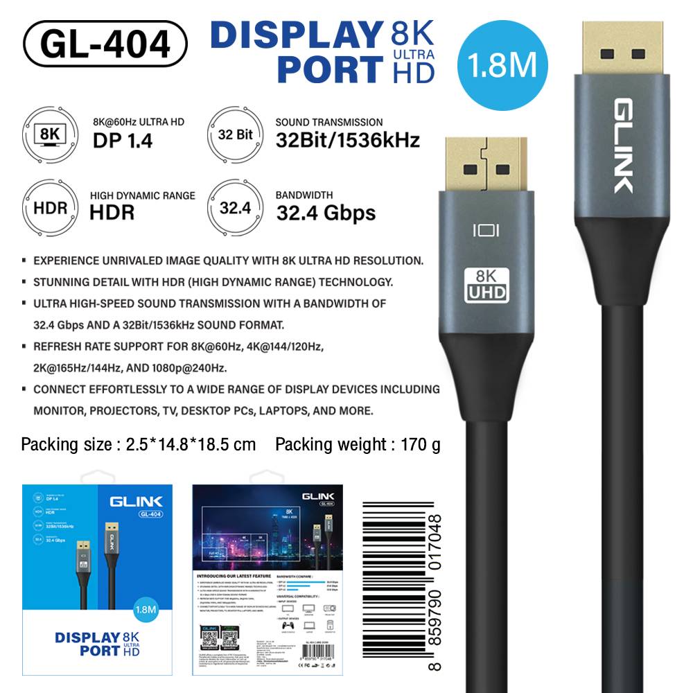 GLINK GL-404 CABLE DISPLAY PORT V1.4 1.8M 8K ULTRA HD