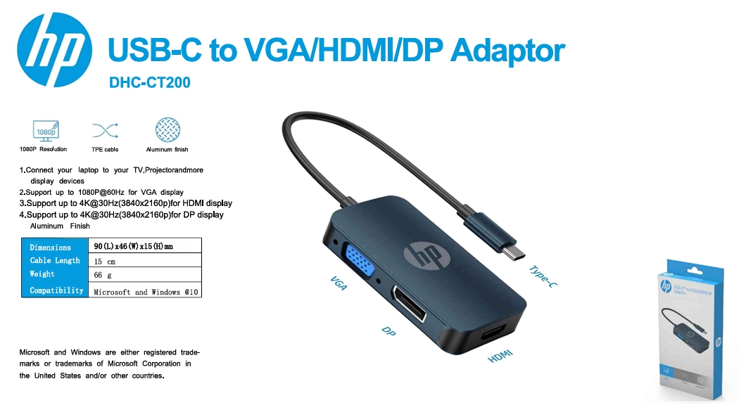 HP DHCT-CT200 USB-C to HDMI/VGA/DP adapter