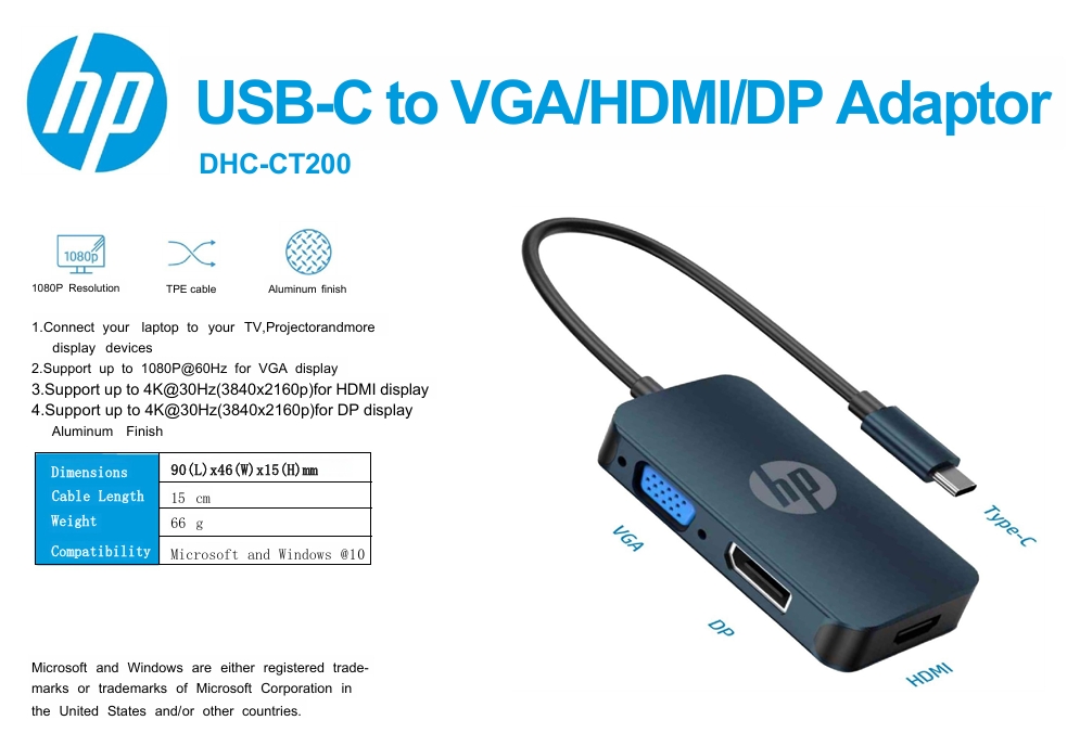 HP DHCT-CT200 USB-C to HDMI/VGA/DP adapter