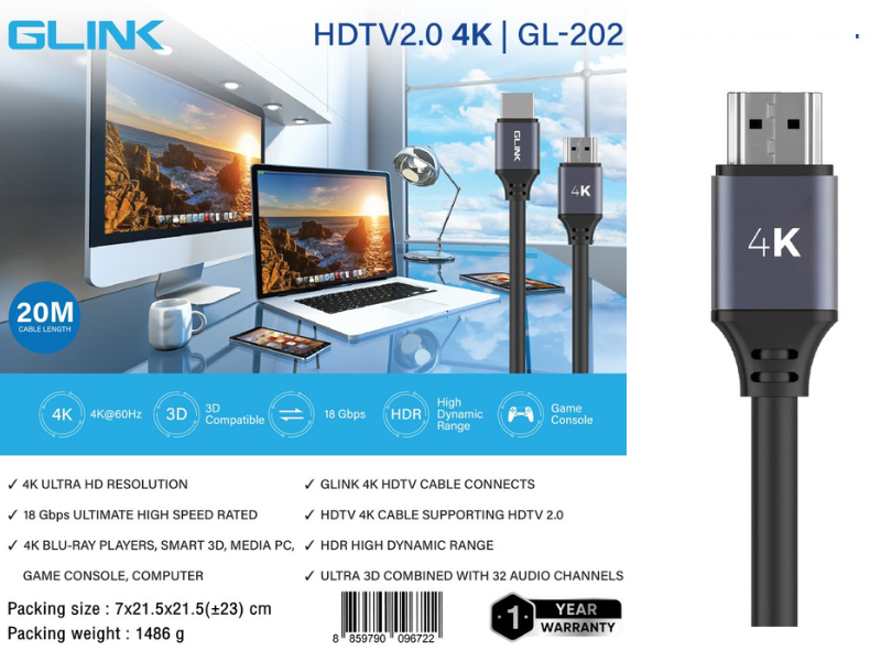 GLINK GL-202 HDMI V2.0 4K@60Hz. 18Gbps สายยางสีดำ 20.0เมตร