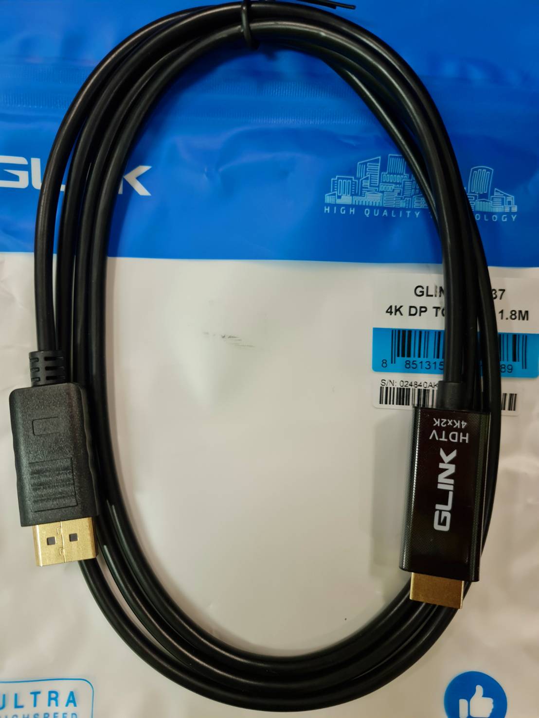 GLINK CABLE DISPLAY PORT TO HDMI 1.8M 4K@30Hz.