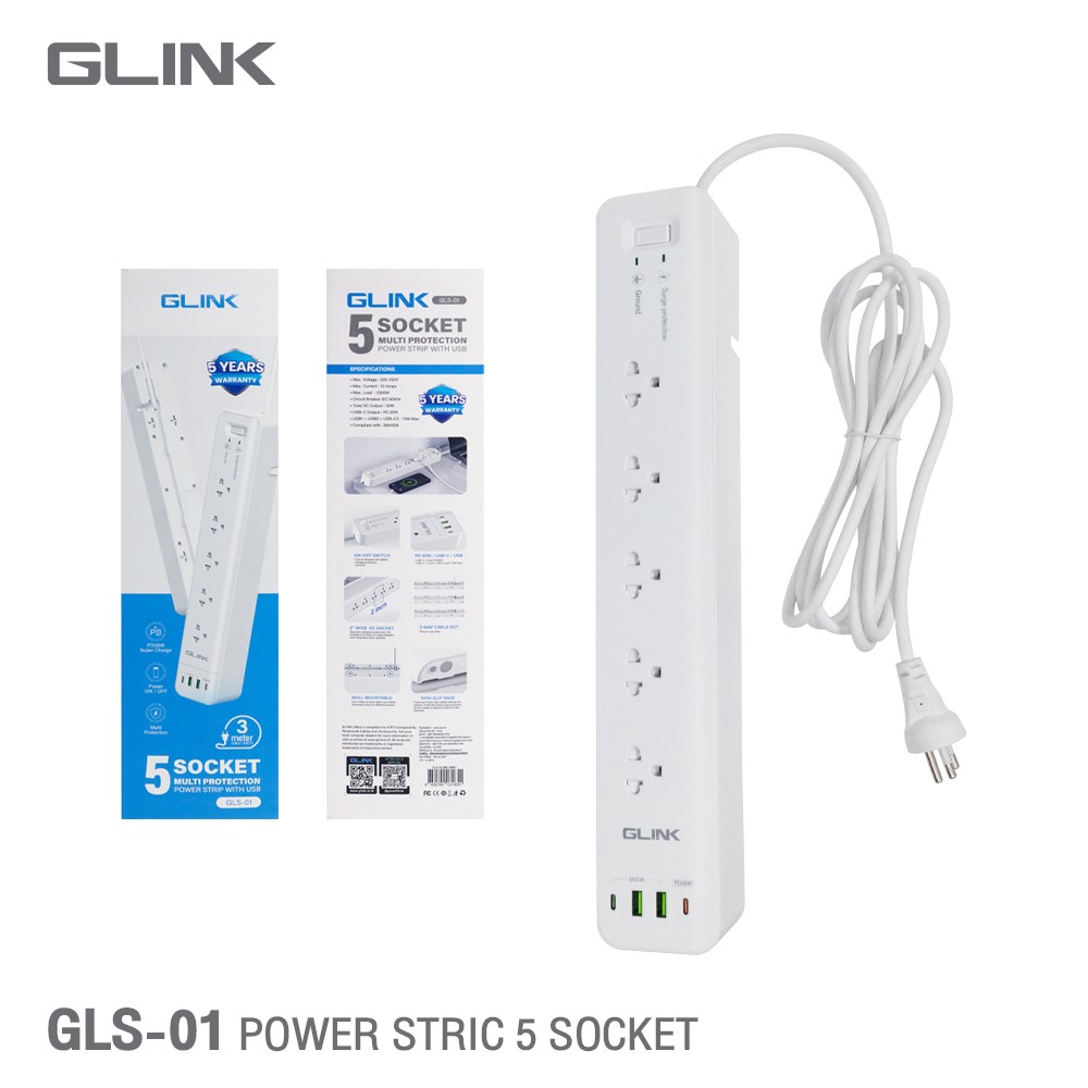 GLINK ปลั๊กจ่ายไฟ 5ช่องเสียบ USB 2พอร์ต PD 2พอร์ต สายยาว 3เมตร