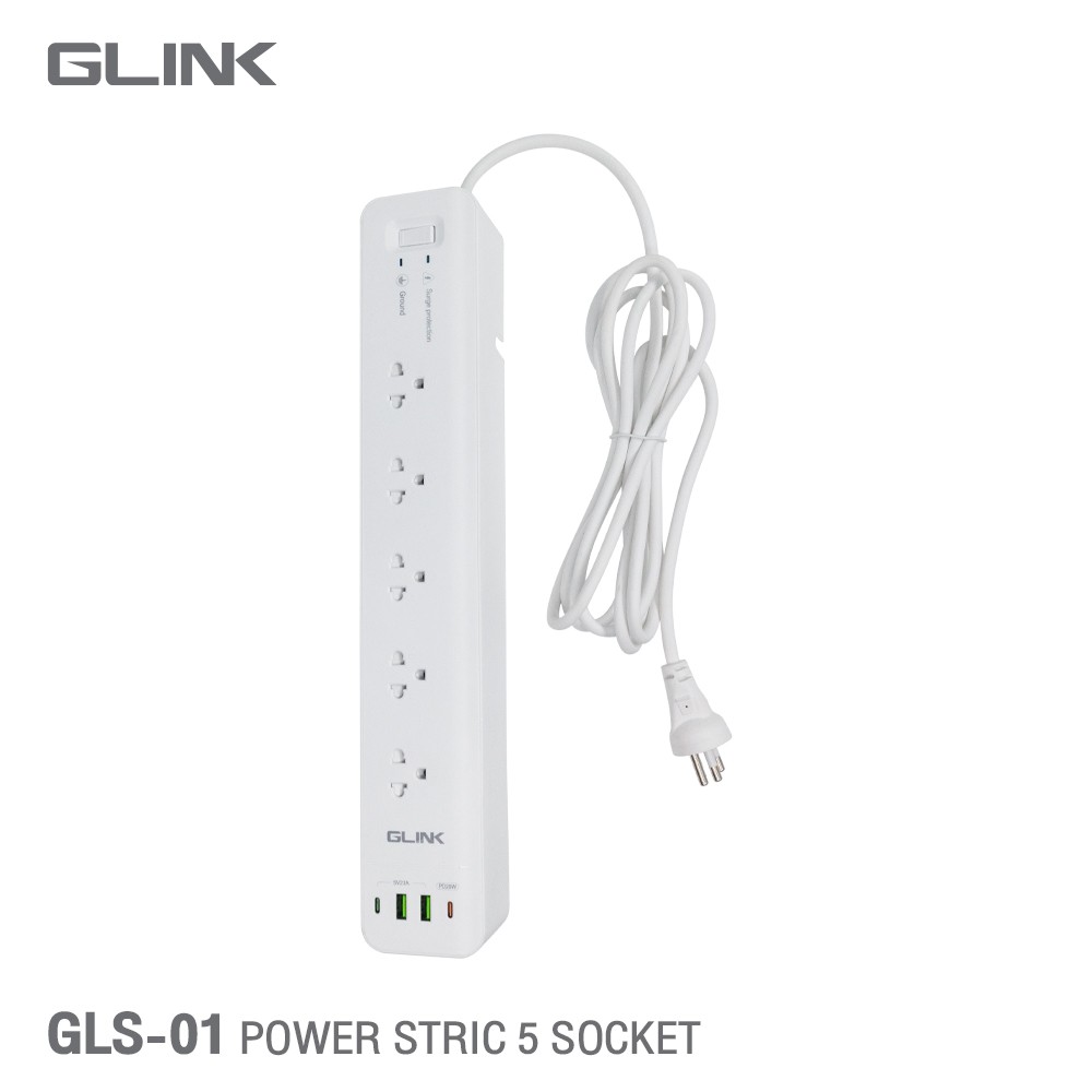 GLINK ปลั๊กจ่ายไฟ 5ช่องเสียบ USB 2พอร์ต PD 2พอร์ต สายยาว 3เมตร